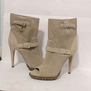 Belstaff Suede Boots Peep Toe Buckle Stiletto Heeled Booties Beige EU 40 US 9